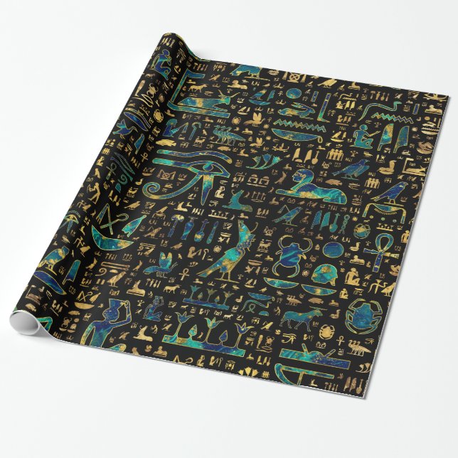 Ancient Egyptian hieroglyphics Marble and Gold Wrapping Paper (Unrolled)