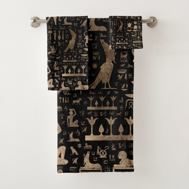 Ancient Egyptian hieroglyphs - Black and gold Bath Towel Set (Insitu)