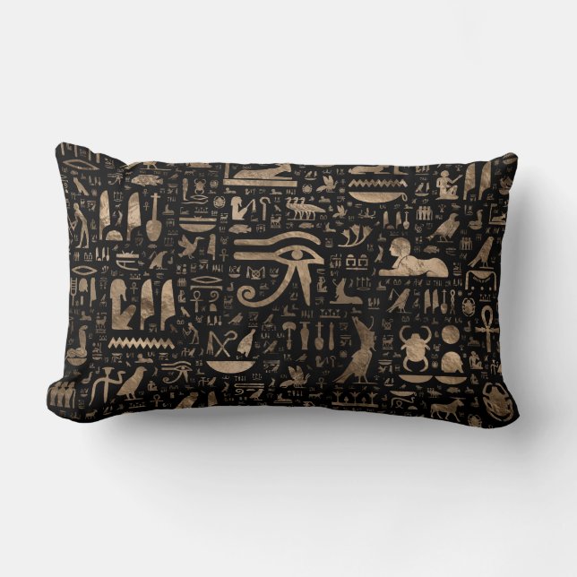 Ancient Egyptian hieroglyphs - Black and gold Lumbar Pillow (Front)