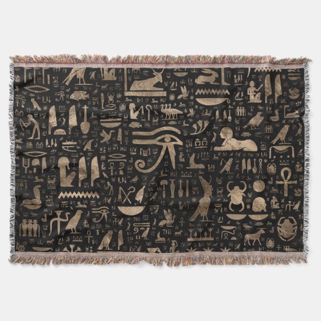 Ancient Egyptian hieroglyphs - Black and gold Throw Blanket (Front)
