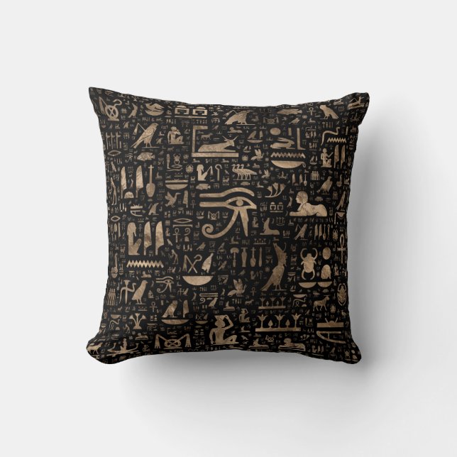 Ancient Egyptian hieroglyphs - Black and gold Throw Pillow (Front)