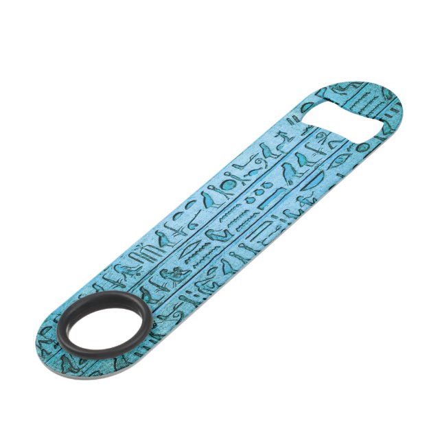 Ancient Egyptian Hieroglyphs Blue Bottle Opener Bar Key (Front Angled)
