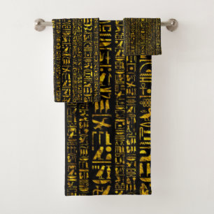Ancient Egyptian hieroglyphs gold and black colour Bath Towel Set