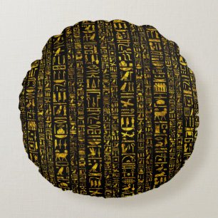 Ancient Egyptian hieroglyphs gold and black colour Round Pillow
