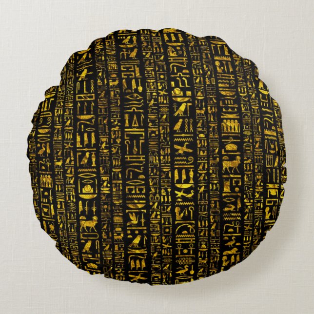 Ancient Egyptian hieroglyphs gold and black colour Round Pillow (Front)