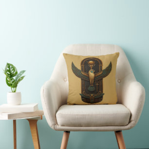 Ancient Egyptian Horus Falcon Winged Sun Symbol Throw Pillow