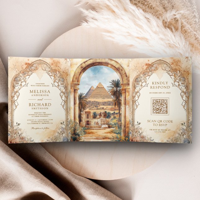 Ancient Egyptian Pyramids Arch All in One Wedding Tri-Fold Invitation (Creator Uploaded)