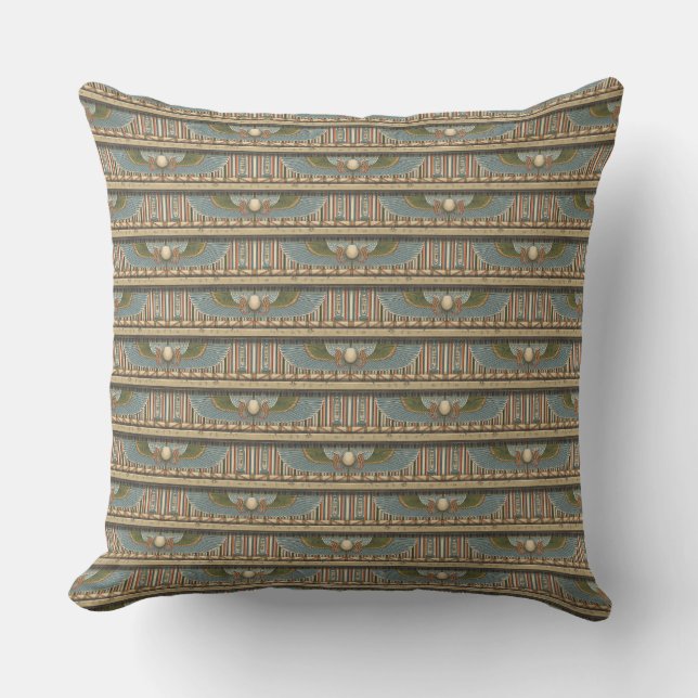 Ancient Egyptian Scarab and Hieroglyph Pattern Throw Pillow (Front)