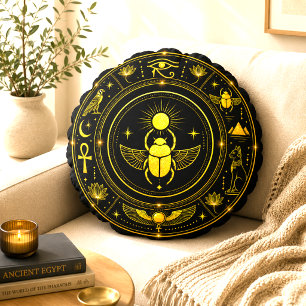 Ancient Egyptian Symbols Black Gold Pattern Luxury Round Pillow
