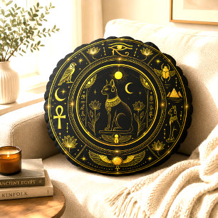Ancient Egyptian Symbols Black Gold Pattern Luxury Round Pillow