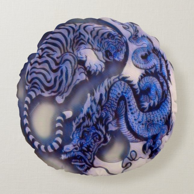 Ancient Emperor Tiger Dragon Yin Yang Round Pillow (Front)