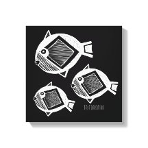 Ancient fish white ink black canvas