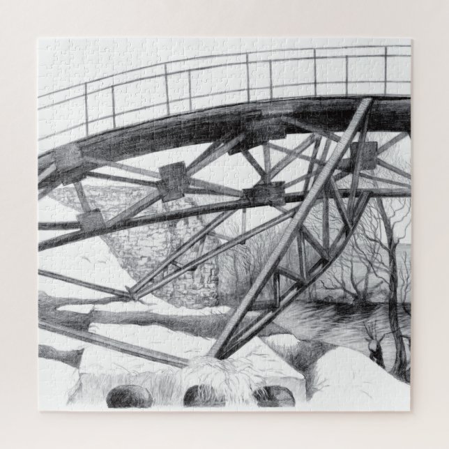 Ancient footbridge pencilart Monochrome Jigsaw Puzzle (Vertical)