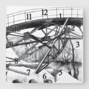 Ancient footbridge pencilart Monochrome Square Wall Clock