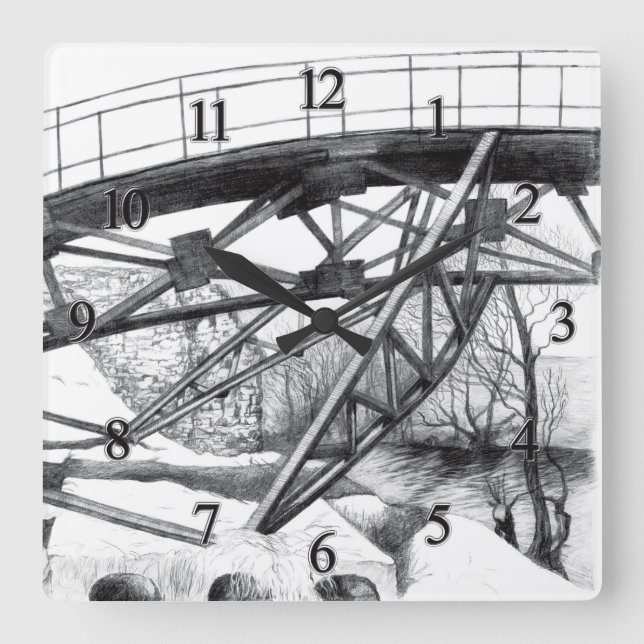 Ancient footbridge pencilart Monochrome Square Wall Clock (Front)