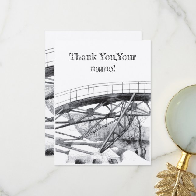 Ancient footbridge pencilart Monochrome Thank You Card (Front/Back In Situ)