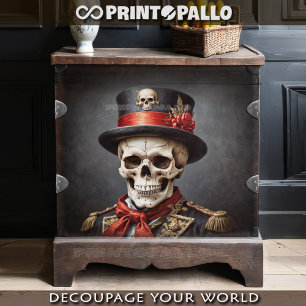 Ancient general skull with army uniform, top hat tissue paper