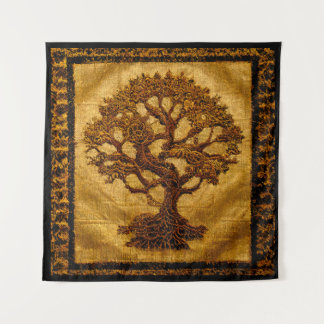 Ancient Gold Brown Rustic Tree of LIfe by kedoki Tapestry