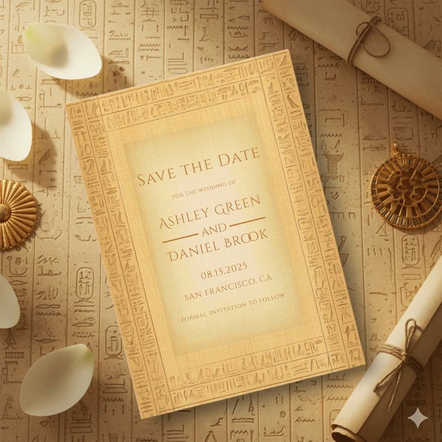 Ancient Gold Hieroglyphic Motifs Egyptian Wedding Save The Date (Creator Uploaded)