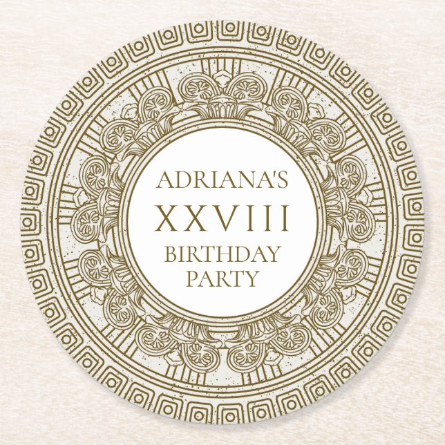 Ancient Greece Birthday Party with stone elements Round Paper Coaster (Front)