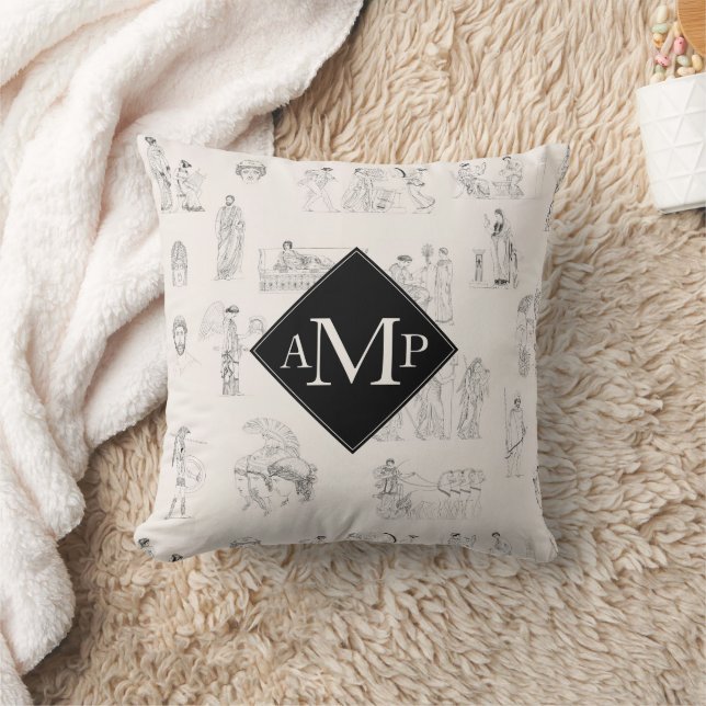 Ancient Greece Greek History Pattern Monogram Throw Pillow (Blanket)