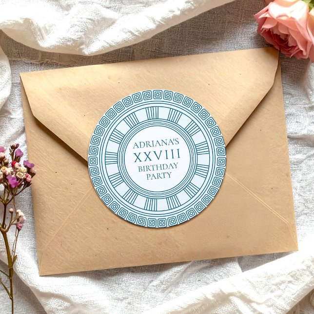 Ancient Greece themed party  with blue pattern Classic Round Sticker (Creator Uploaded)