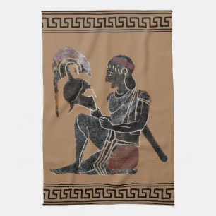 Ancient Greek hoplite looking at his helmet Kitchen Towel