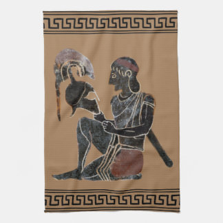 Ancient Greek hoplite looking at his helmet Kitchen Towel