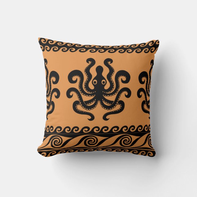 Ancient Greek octopus, wave pattern Throw Pillow (Front)