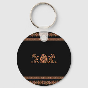 Ancient Greek Style Black and Orange Floral Design Keychain
