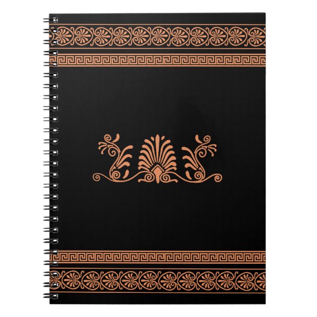 Ancient Greek Style Black and Orange Floral Design Notebook (Front)