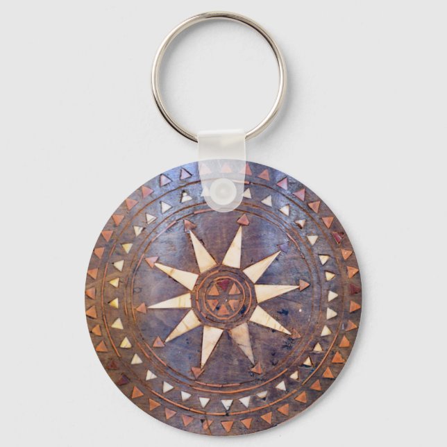 ancient greek symbol wood ethnic sun motif carved keychain (Front)