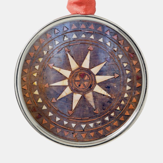 ancient greek symbol wood ethnic sun motif carved metal ornament (Front)