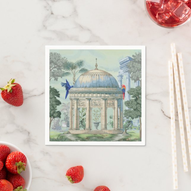Ancient Greek Temple Garden Macaw Bird Pixie Green Napkin (Insitu)