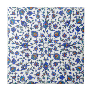 Ancient Handmade Blue Turkish Floral Tiles Pattern