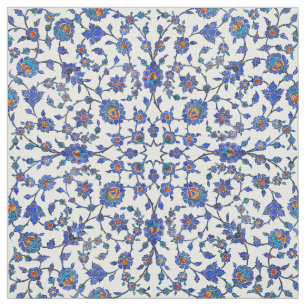 Ancient Handmade Blue Turkish Floral Tiles Pattern Fabric