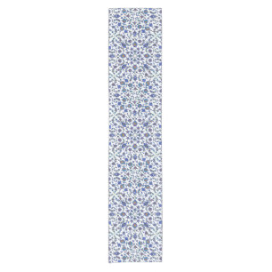 Ancient Handmade Blue Turkish Floral Tiles Pattern Short Table Runner