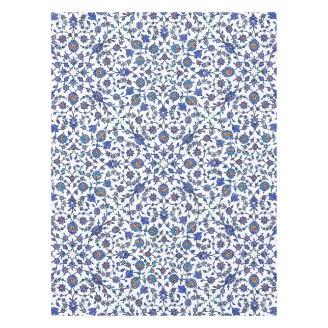 Ancient Handmade Blue Turkish Floral Tiles Pattern Tablecloth (Front)