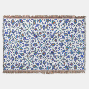 Ancient Handmade Blue Turkish Floral Tiles Pattern Throw Blanket