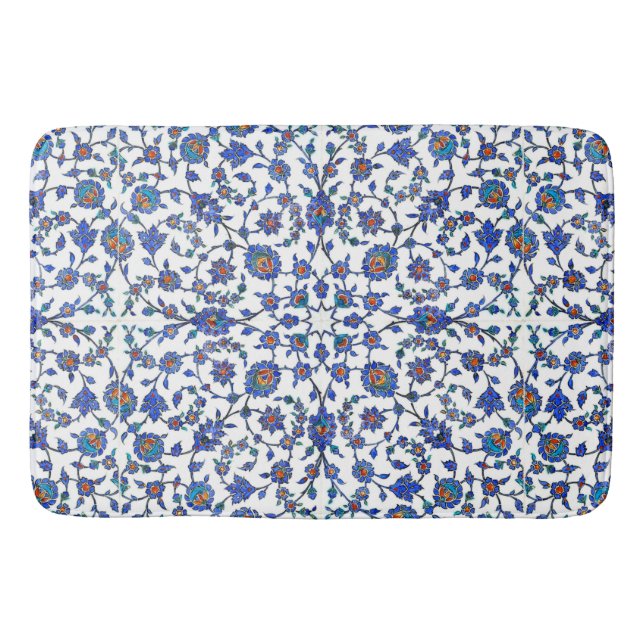 Ancient Handmade Turkish Floral Tiles Pattern Bath Mat (Front)