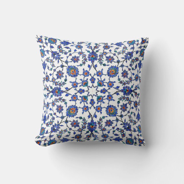 Ancient Handmade Turkish Floral Tiles Pattern Throw Pillow (Front)