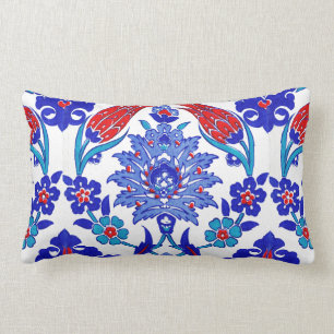 Ancient Handmade Turkish Floral Tulip Tile Pattern Lumbar Pillow
