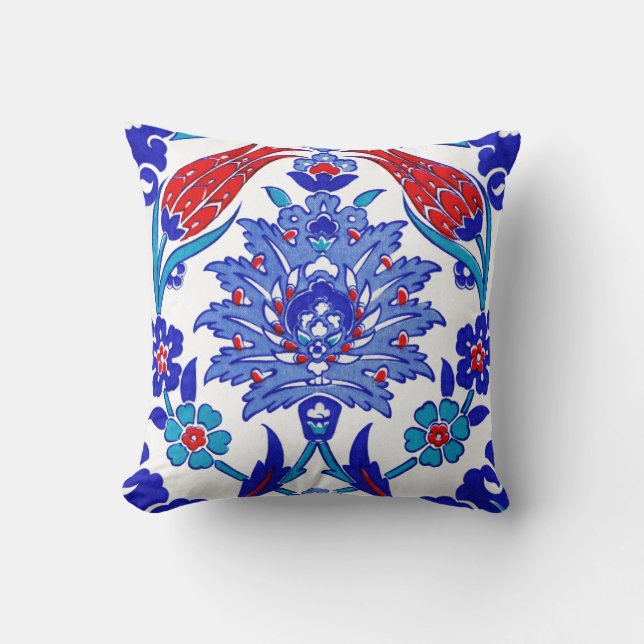 Ancient Handmade Turkish Floral Tulip Tile Pattern Throw Pillow (Front)