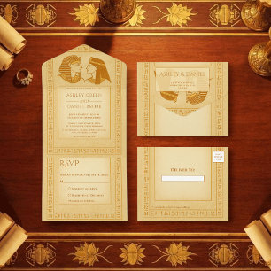 Ancient Hieroglyphs King & Queen Egyptian Wedding All In One Invitation