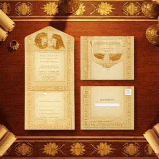 Ancient Hieroglyphs King & Queen Wedding Gold Foil All In One Invitation