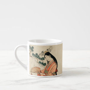 Ancient Japanese Wood Drawing with Woman Espresso Cup