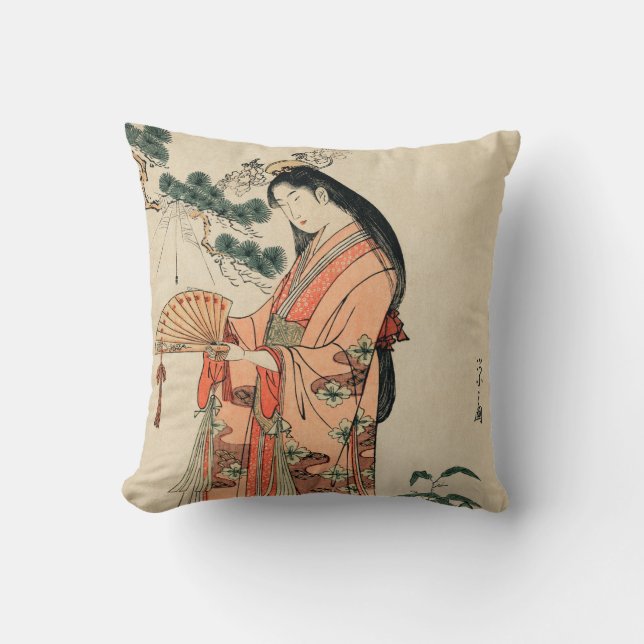 Ancient Japanese Wood Drawing with Woman Throw Pillow (Front)