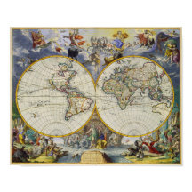 Ancient Map of the World in Two Hemispheres 1683