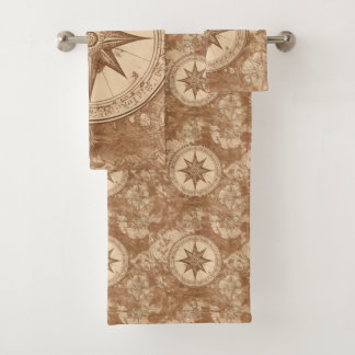 Ancient maps and compass bath towel set