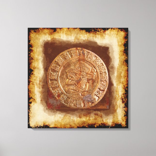 Ancient Mayan Carved Metal Art Disc Wrapped Canvas (Front)